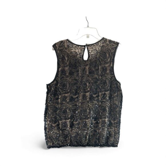 Max Studio XL Black Sequin Sleeveless Lace Floral Mesh Top Nude Lining Holiday - Picture 3 of 9
